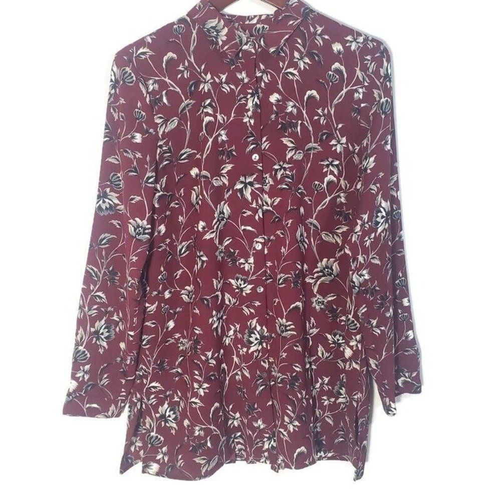 J. Jill Blouse Button Up Shirt Collar Banded Sleeve Pleated Back Floral M